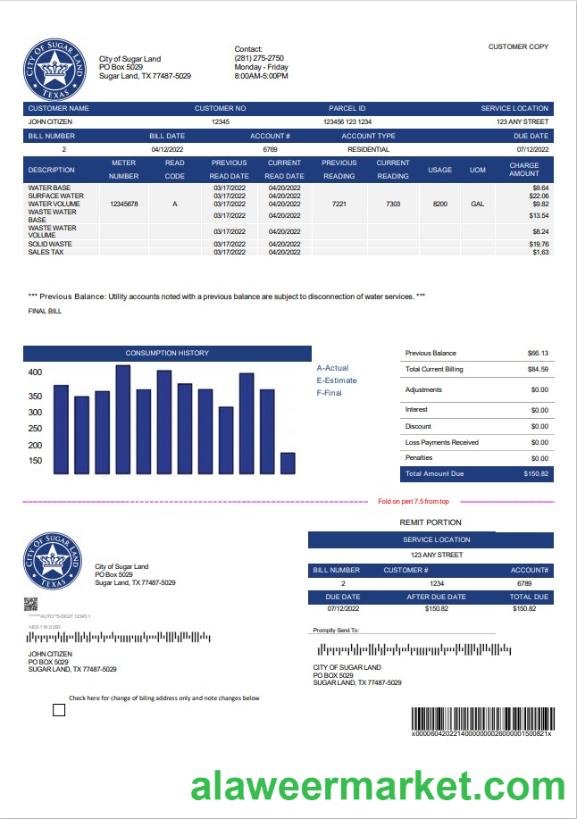 USA Texas City of Sugar Land utility bill template in Word and PDF format